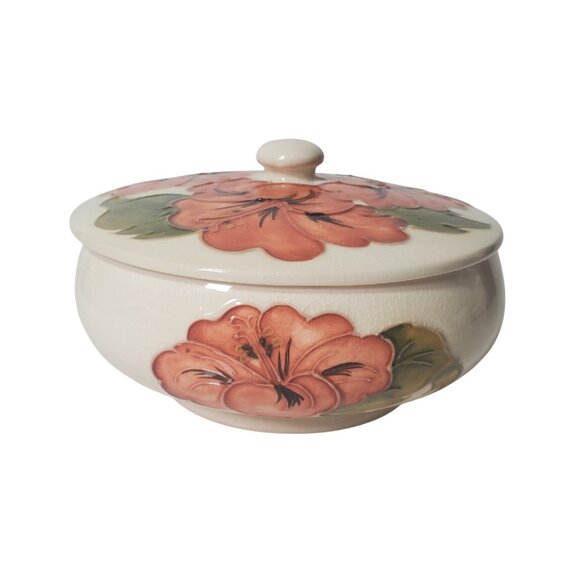 MOORCROFT Other - Vintage Moorcroft Lidded Bowl – Coral Hibiscus on Ivory Porcelain c1974